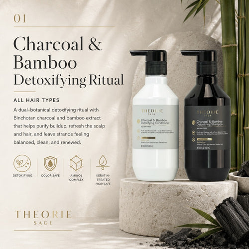 Two bottles of Theorie Sage Charcoal & Bamboo Detoxifying Ritual products on a neutral background with text and branding.