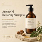 Brown shampoo bottle with argan oil and leaves on a beige background