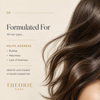 Text about a hair product for all hair types with a close-up of wavy brown hair on a beige background.
