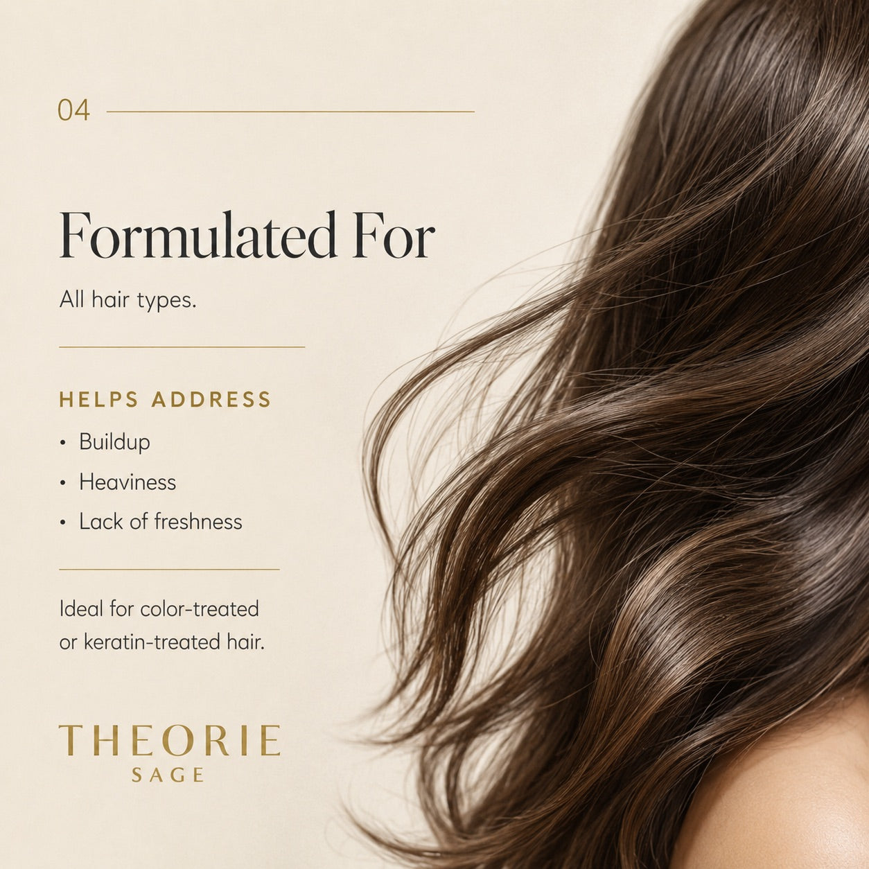 Text about a hair product for all hair types with a close-up of wavy brown hair on a beige background.