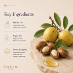 Key ingredients of a skincare product with marula oil, argan oil, and amino complex on a beige background.