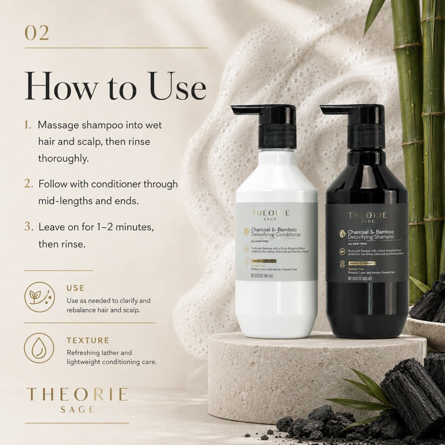 Two bottles of Theorie Sage shampoo and conditioner on a stone surface with text on how to use them.