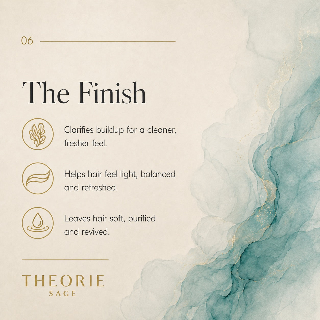 Text describing 'The Finish' of a product by Theorie Sage with abstract blue and white design.