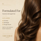 Long, brown hair with text about product formulation for severely damaged hair on a beige background.