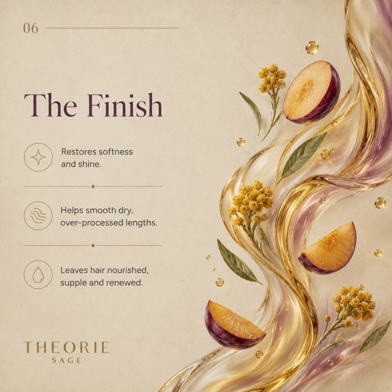 Advertisement for Theorie Sage hair care product with fruit slices and leaves on a beige background