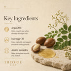 Key ingredients of a hair care product with argan oil, moringa oil, and amino complex on a natural stone background.