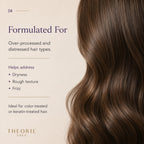Text about hair care product for over-processed and distressed hair, with a close-up of wavy brown hair on a beige background.