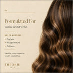 Hair product description for coarse and dry hair with Theorie branding.