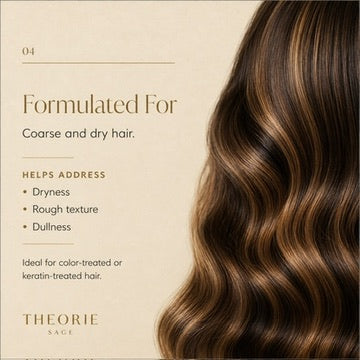 Hair product description for coarse and dry hair with Theorie branding.