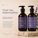 Two bottles of Theorie Purple Sage Brightening Ritual shampoo and conditioner on a beige background with lavender flowers.