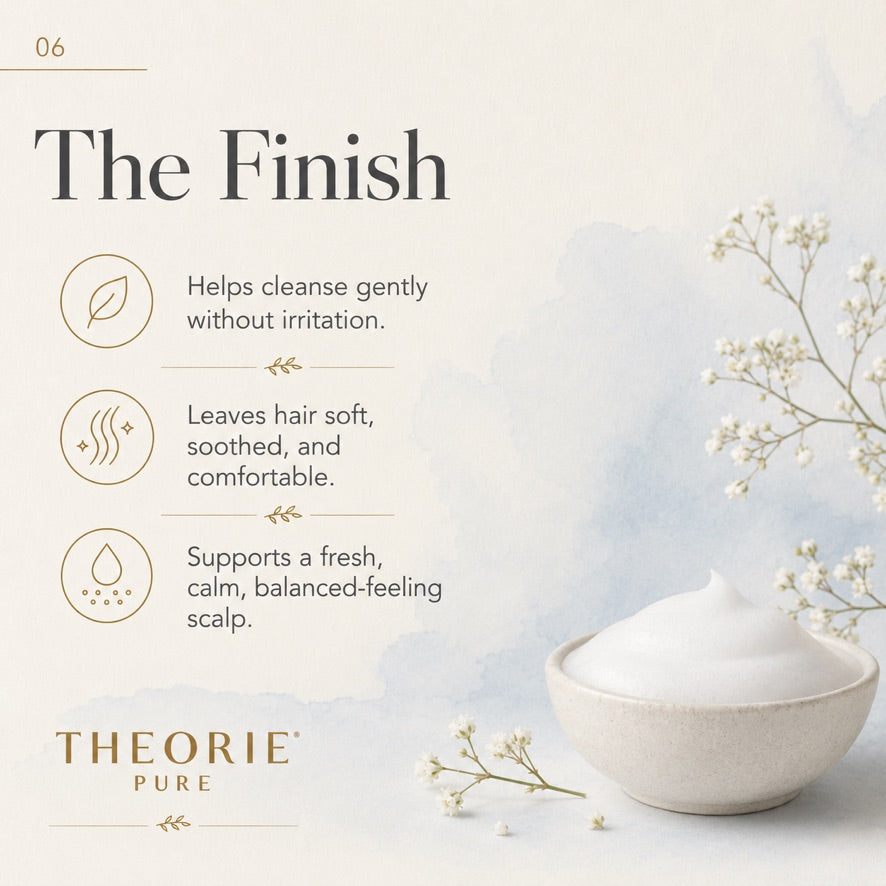 Product packaging with text about its benefits on a light background, featuring the brand 'Theorie Pure'.