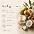 Key ingredients of a skincare product with marula oil, argan oil, shea butter, and coconut oil displayed alongside their names and benefits.