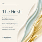 Text about 'The Finish' skincare product by Theorie Body with wavy gold and blue design elements.
