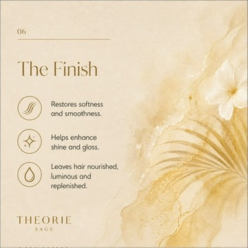 Product packaging with text 'The Finish' and benefits listed, featuring a floral design on a beige background.