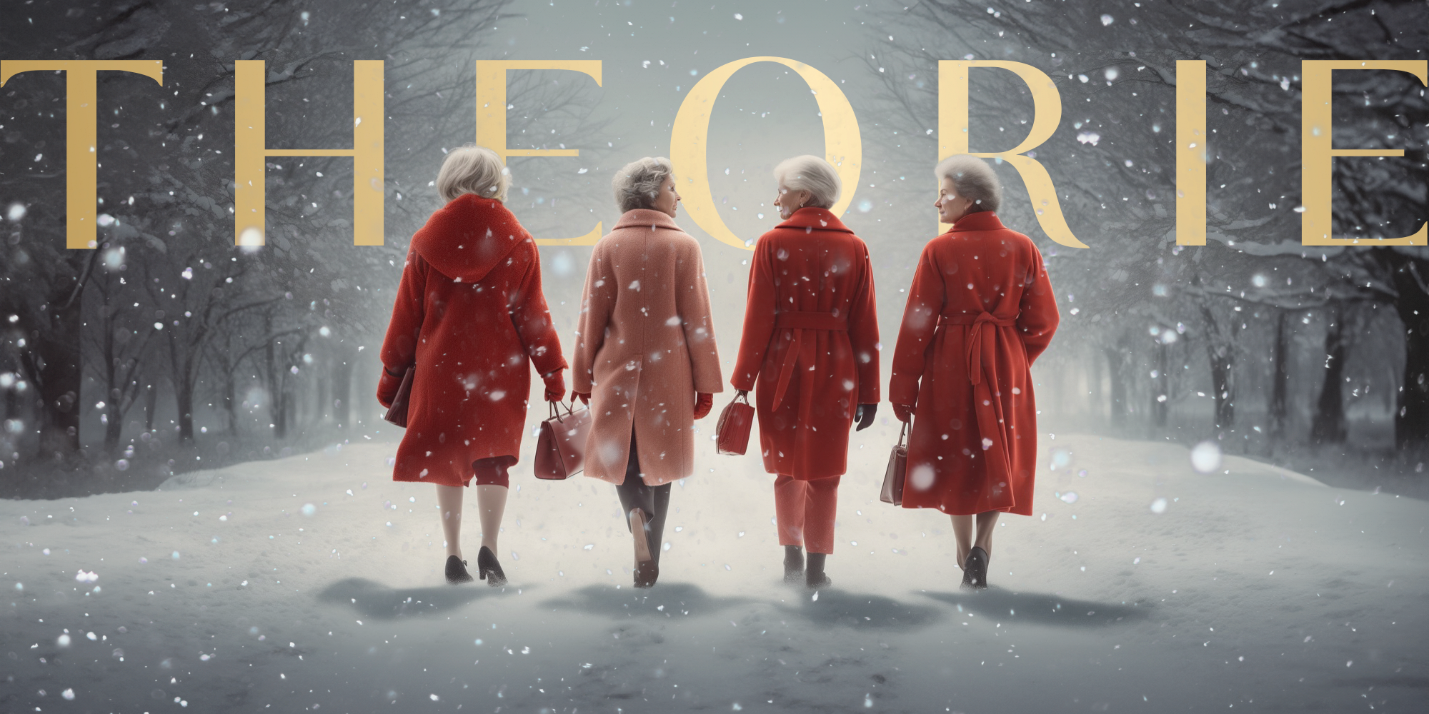The image depicts four women, each wearing elegant coats, walking in the snow. Two are in vibrant red coats, while the other two don a soft peach and a deep red coat respectively. They all carry handbags and appear in conversation, facing each other in pairs. The backdrop is a snowy landscape with bare trees, enhancing the serene yet sophisticated atmosphere of the scene. The women’s attire and poised demeanor suggest a blend of grace and confidence.