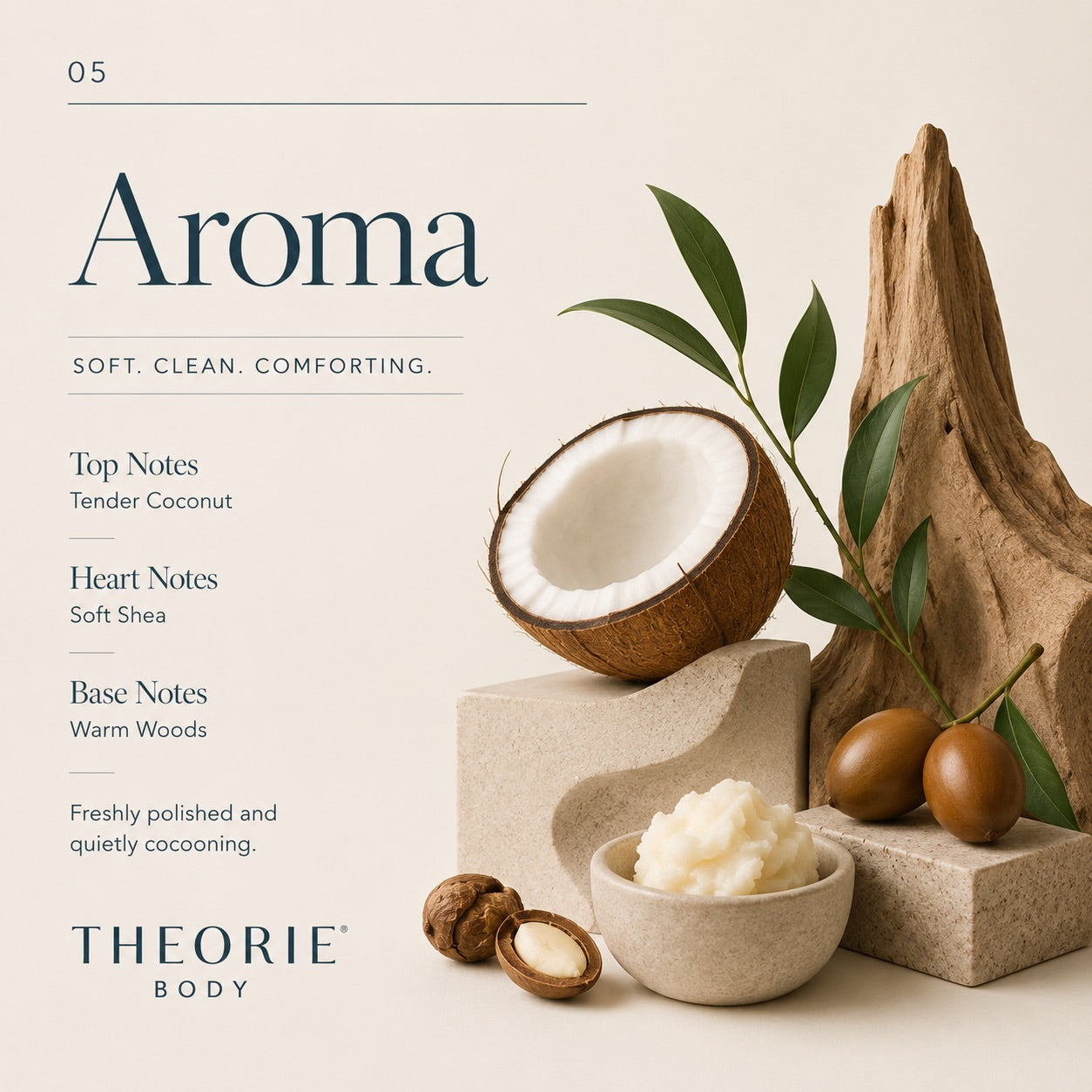 Aromatherapy product with coconut, leaves, and wooden elements on a neutral background, featuring Theorie Body brand.