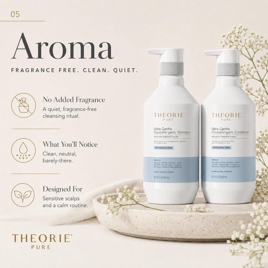 Two bottles of Theorie Ultra Gentle Hydrating Shampoo and Conditioner on a neutral background with text about the product.
