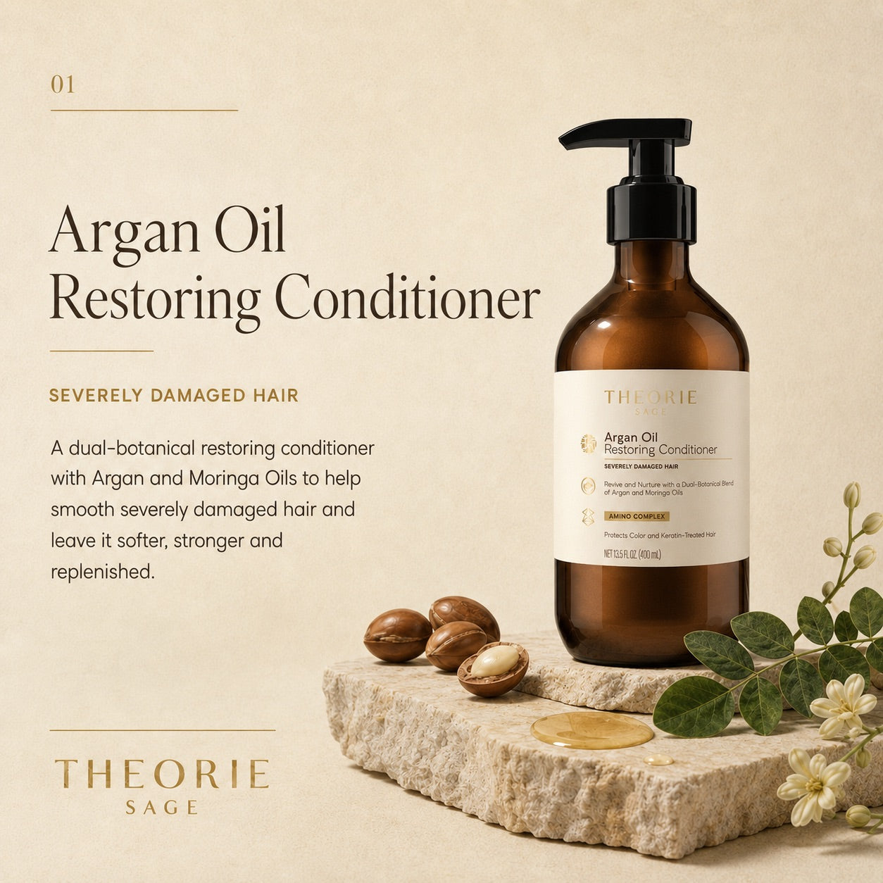 Argan Oil Restoring Conditioner bottle with ingredients on a stone surface, featuring Theorie brand.