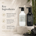 Two bottles of Theorie hair care products on a stone pedestal with key ingredients listed.