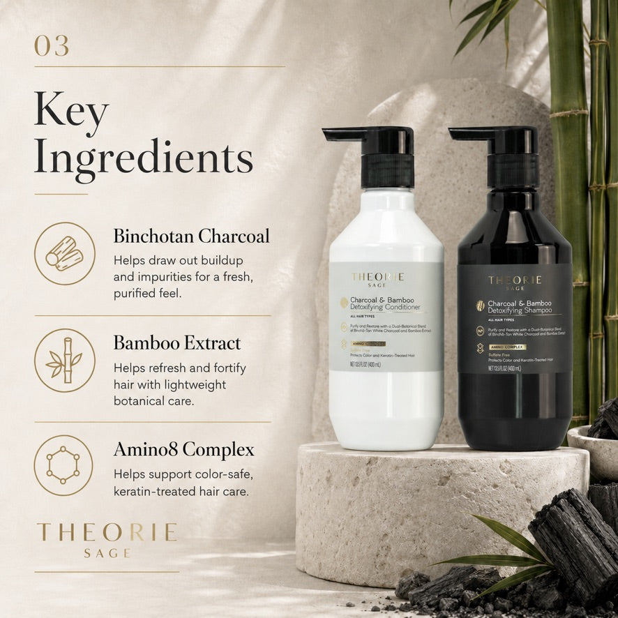 Two bottles of Theorie hair care products on a stone pedestal with key ingredients listed.