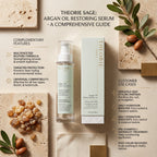 Theorie Sage Argan Oil Restoring Serum with packaging and ingredients on a beige background