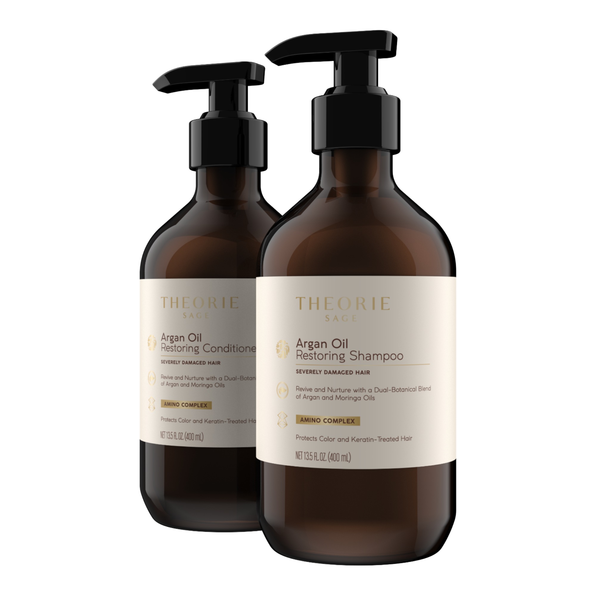 Two bottles of Theorie Argan Oil Restoring Shampoo and Conditioner on a white background
