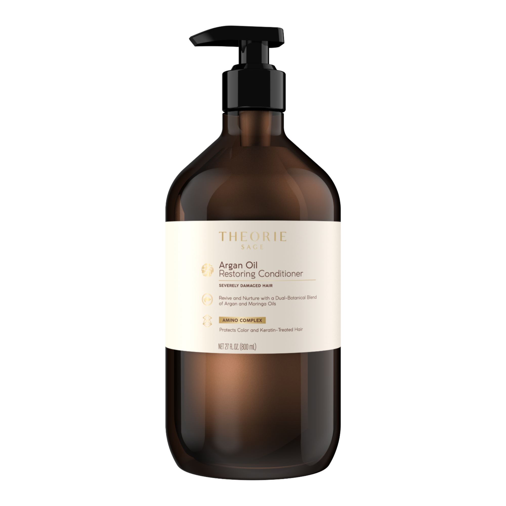 Brown shampoo bottle with pump and visible label on a white background