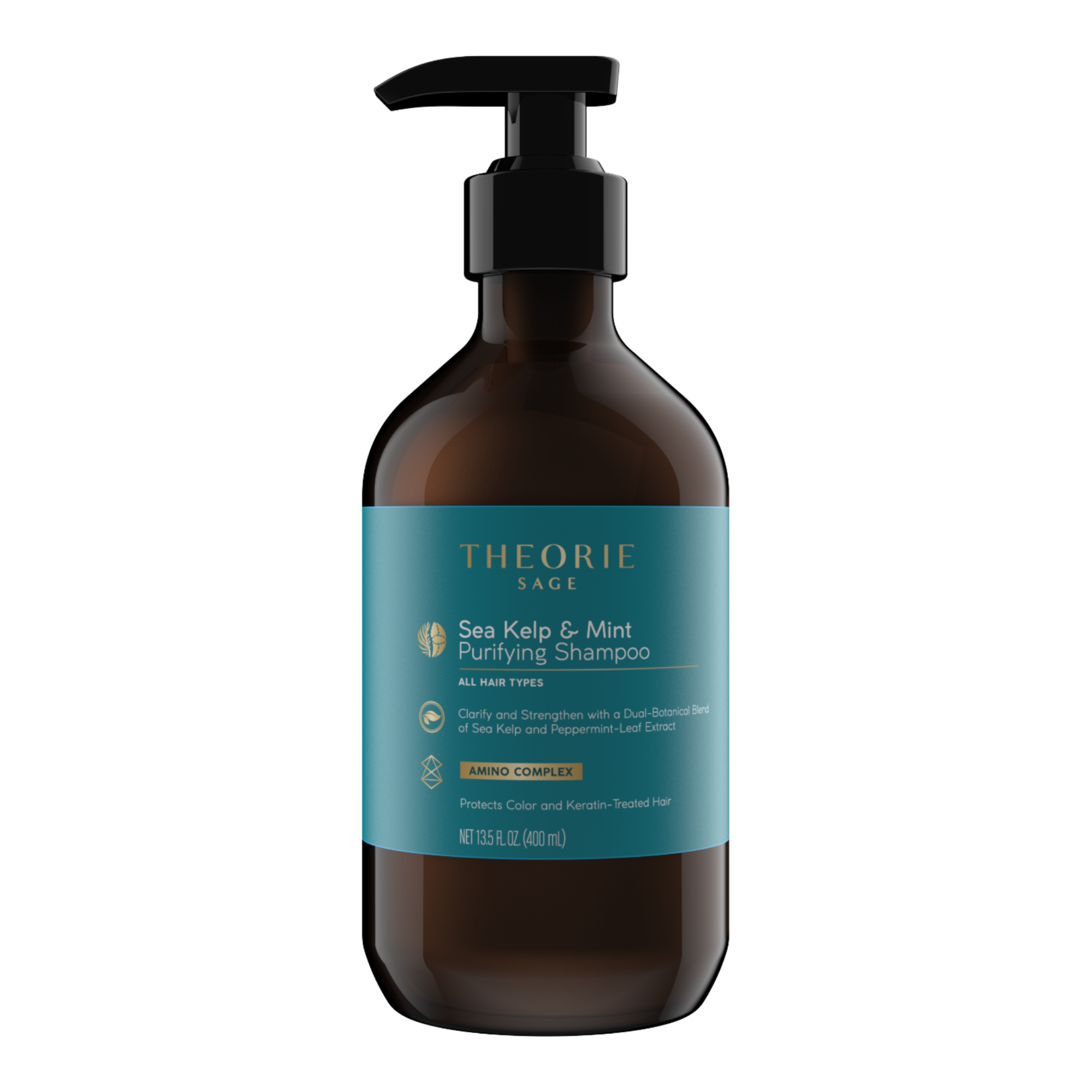 Brown bottle of Theorie Sage Sea Kelp & Mint Purifying Shampoo on a white background
